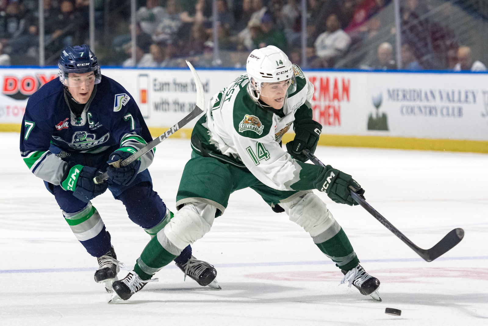 Austin Roest carries the puck for the Everett Silvertips.