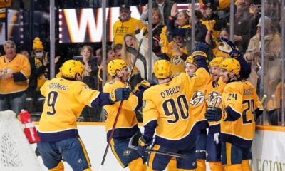 The Nashville Predators celebrate an overtime win against the Chicago Blackhawks