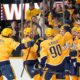 The Nashville Predators celebrate an overtime win against the Chicago Blackhawks